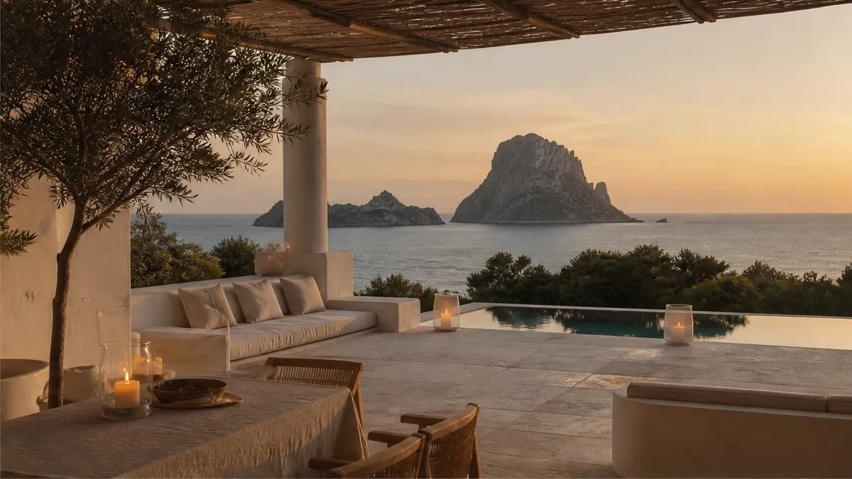 Private Ibiza villa sea-view terrace at dusk for a quiet proposal vibe