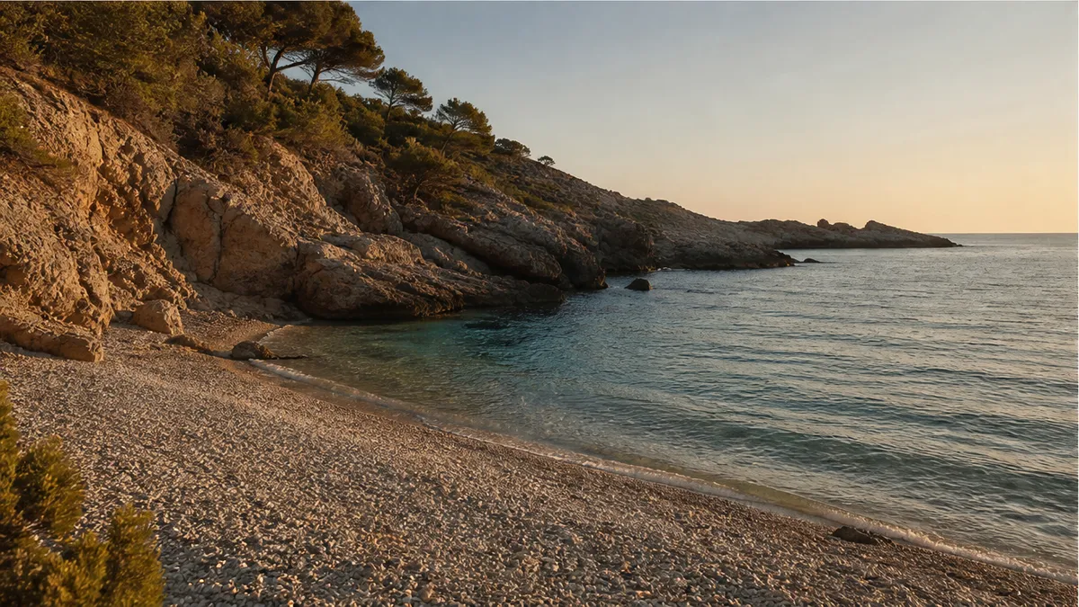 Quiet Ibiza cala at golden hour for privacy and sunset scoring