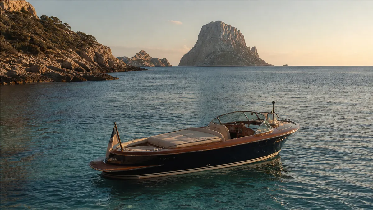 Private boat near rocky Ibiza headland for discreet proposal logistics