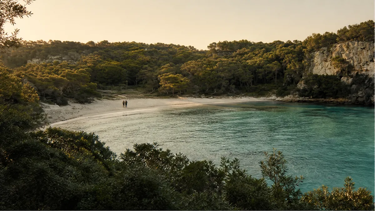 Cala Macarella turquoise quiet cove in Menorca at soft golden hour, quiet-luxury proposal atmosphere