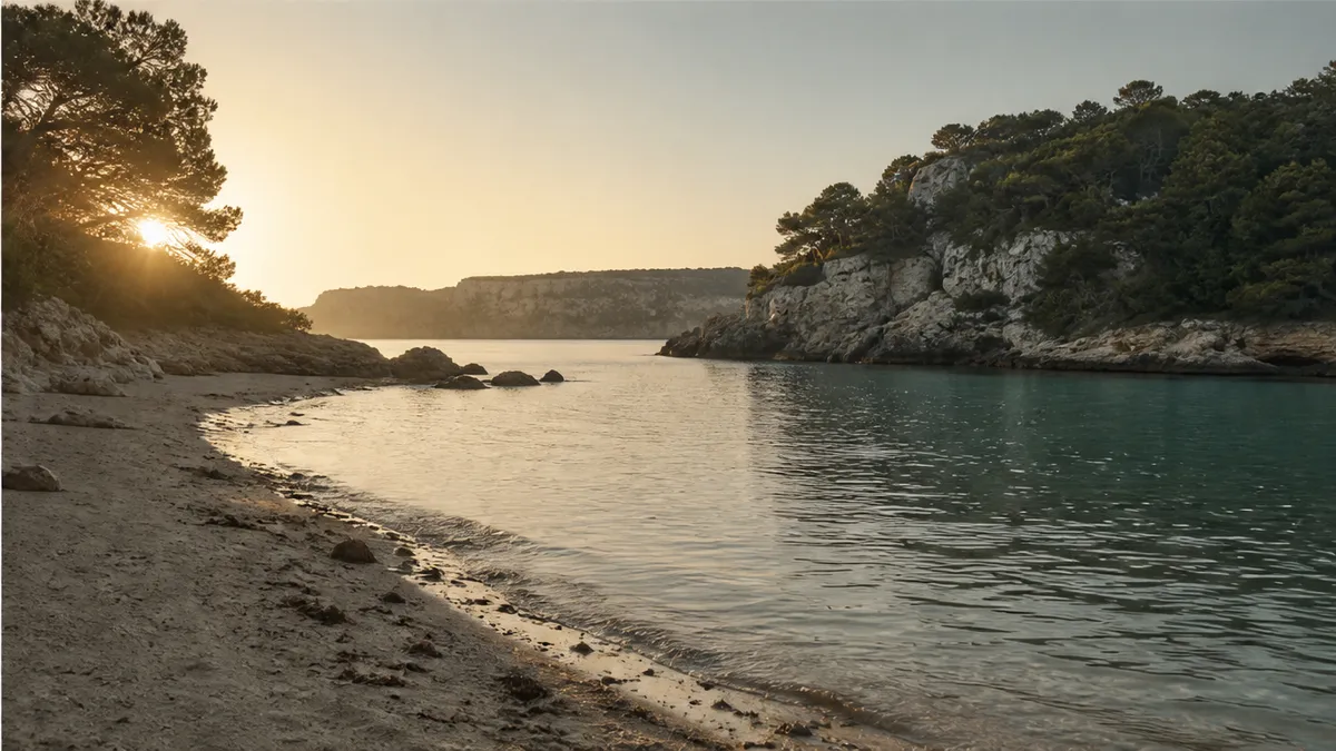Quiet Menorca cala shoreline for scoring proposal spots by privacy and light