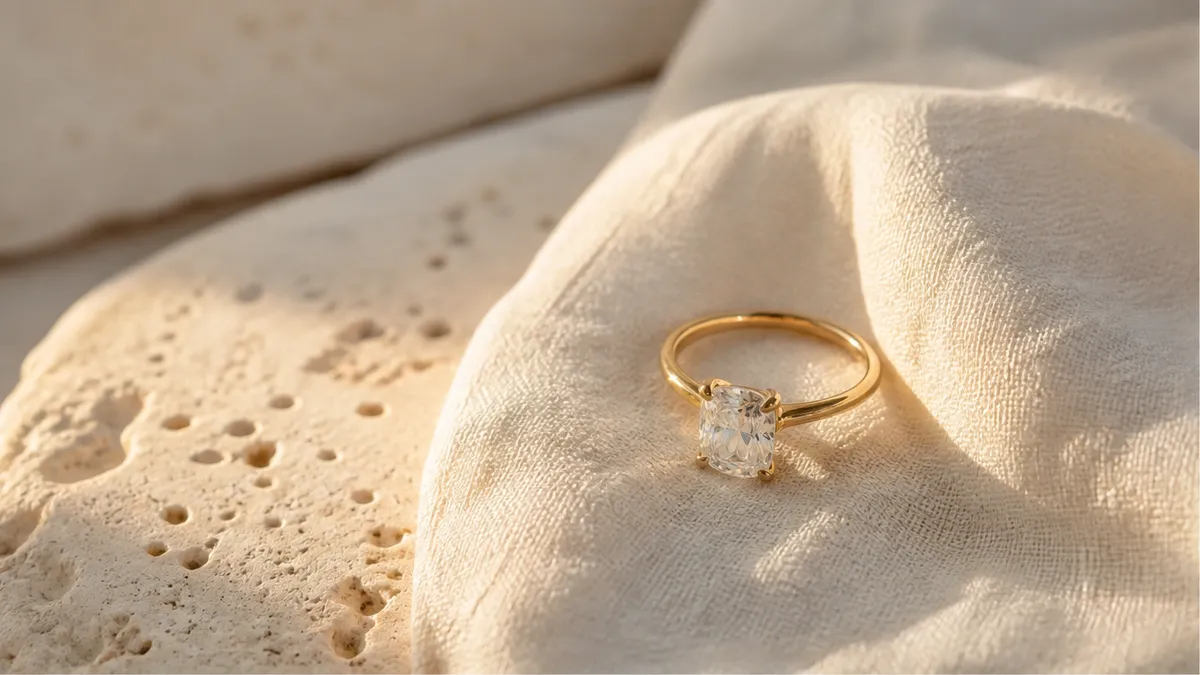 Soft gold engagement ring on linen and stone in quiet luxury warm natural light