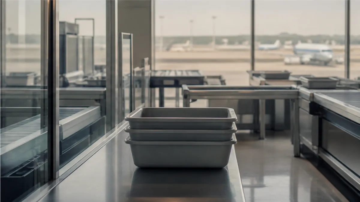 Calm airport security lane mood for discreet engagement ring screening