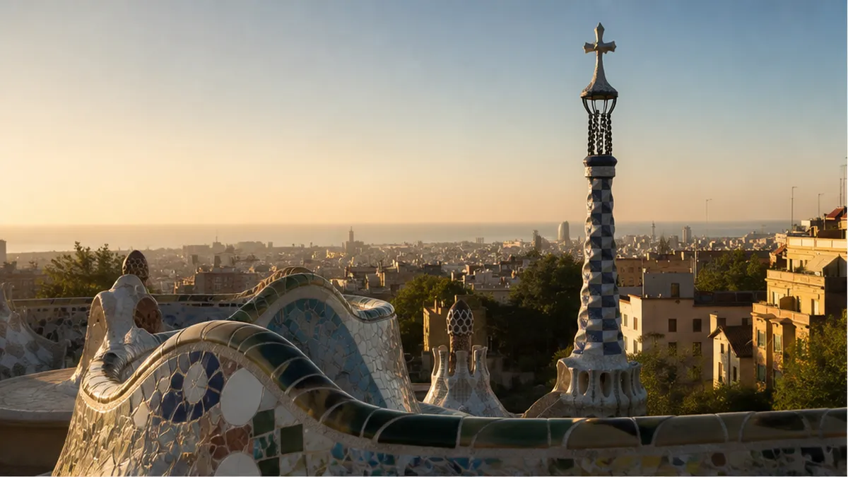 Park Güell mosaic terrace at golden hour, quiet-luxury Barcelona proposal atmosphere