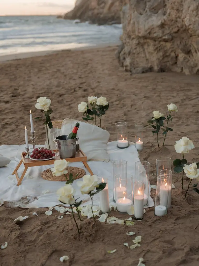 Ginesta beach marriage proposal setup with white roses and cliffs 7