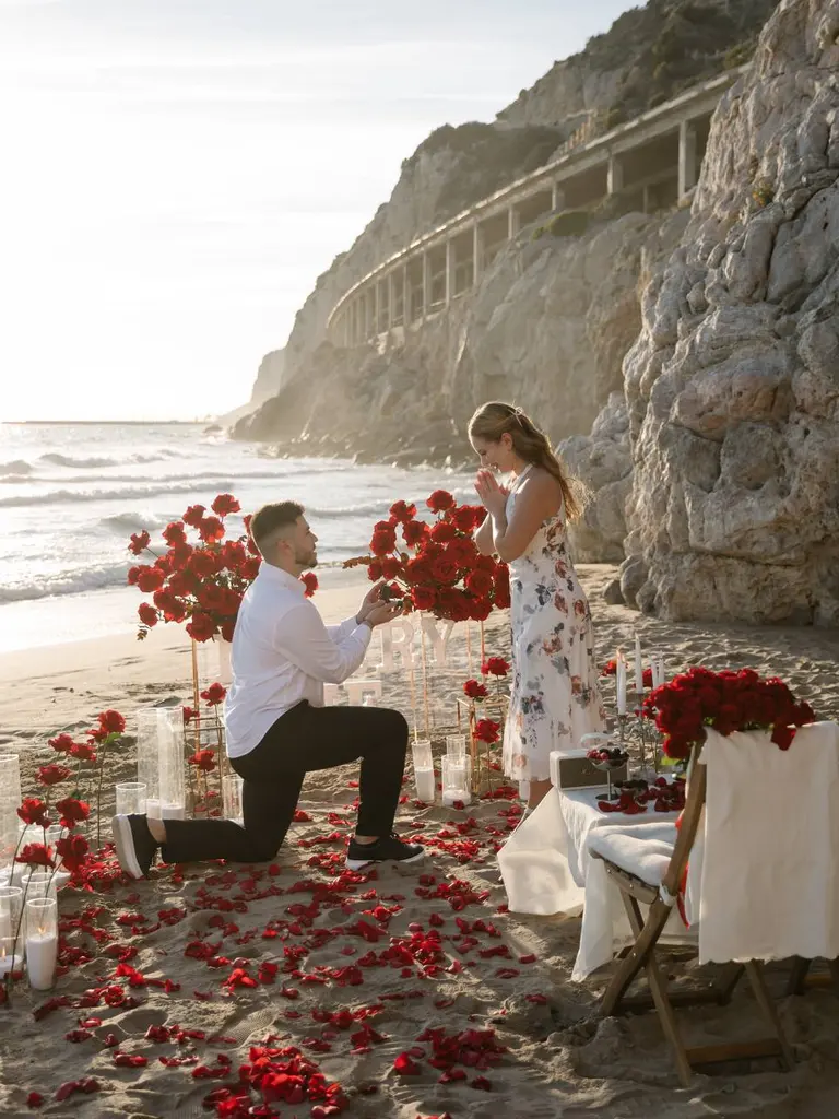 Sitges Sant Sebastia beach proposal setup view 2 during sunrise