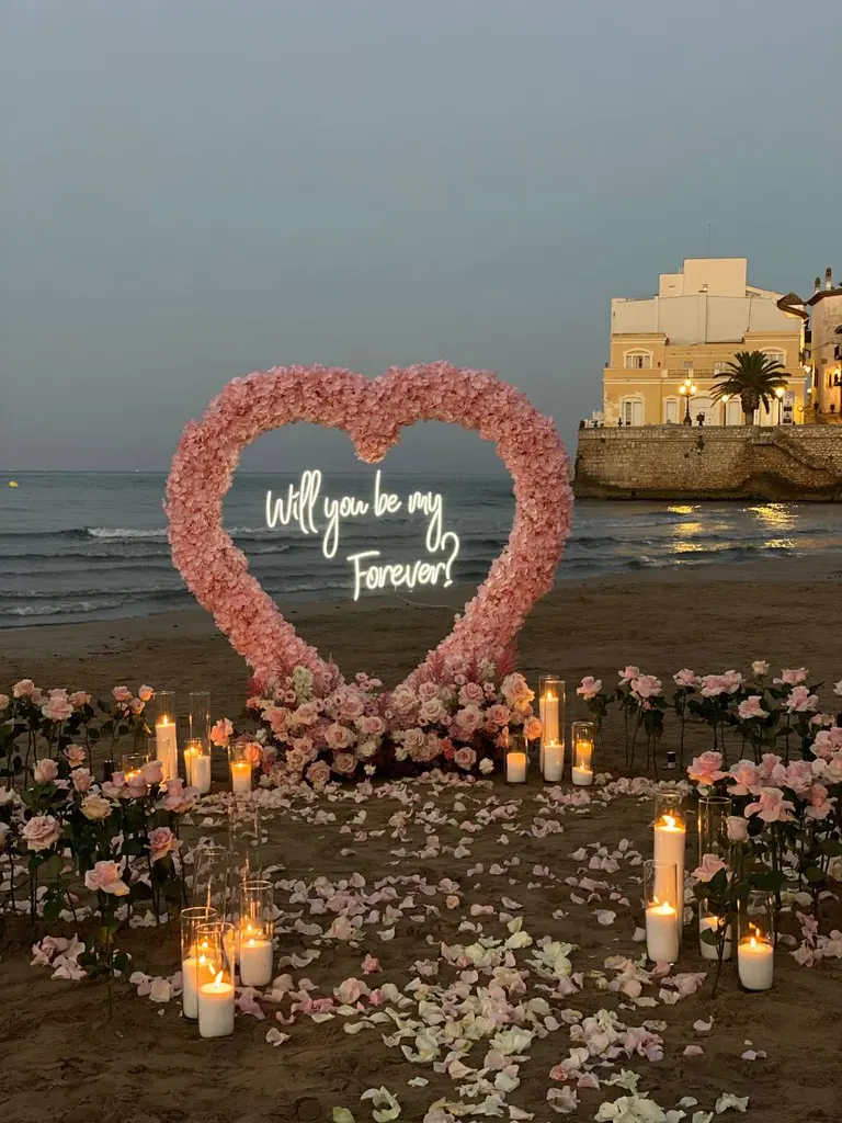 Sitges Sant Sebastia beach proposal setup view 6 during sunrise